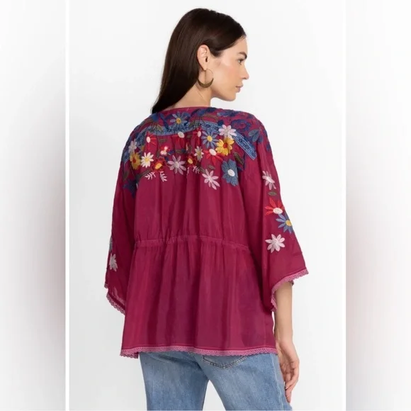 Johnny Was Magenta Floral Embroidered Blouse